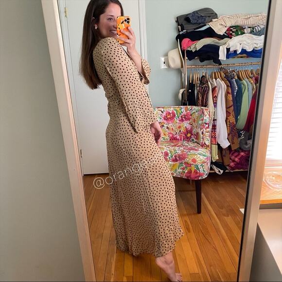 NWT GANNI Tan Black Polka Dot Wrap Maxi Dress 38 M - Picture 4 of 16